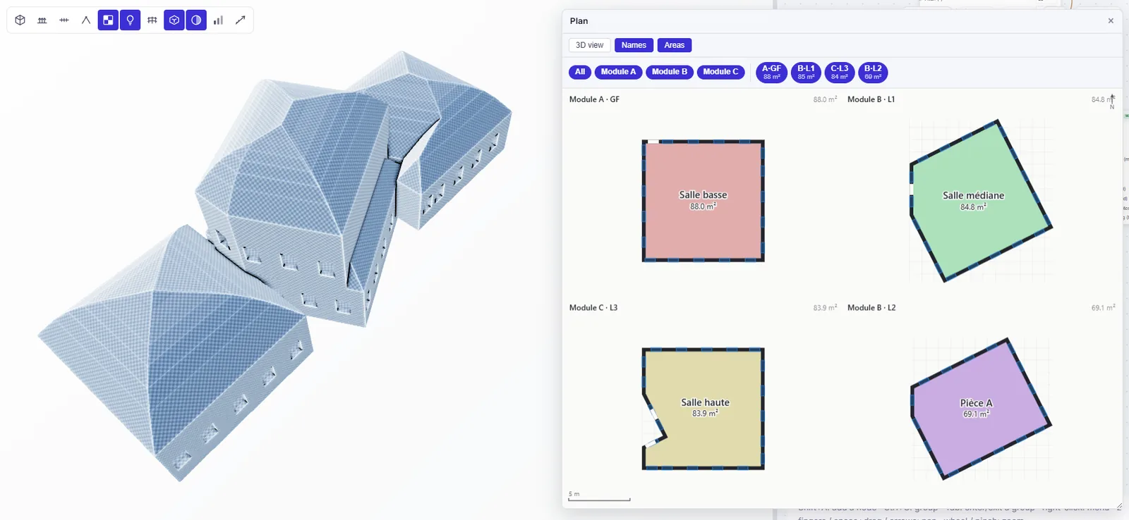 Trois modules de bâtiment en 3D et leurs plans annotés par niveau