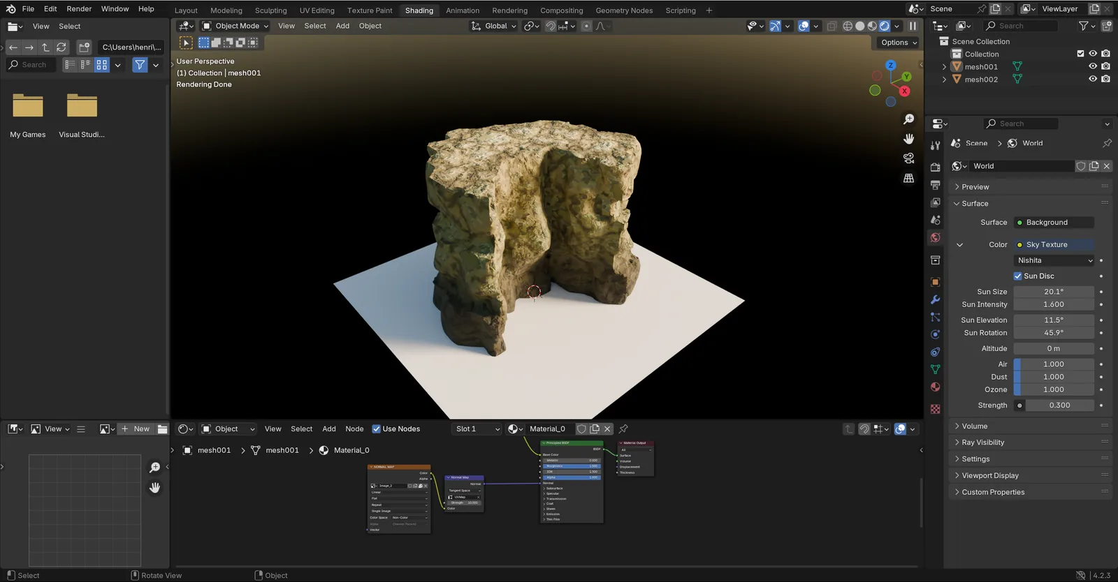 Un rocher exporté de noa en glTF, ouvert dans Blender avec ses matériaux
