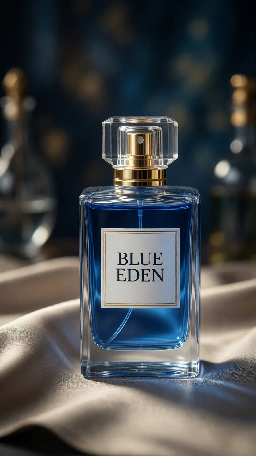 Flacon de parfum bleu étiqueté Blue Eden, posé sur une étoffe de soie