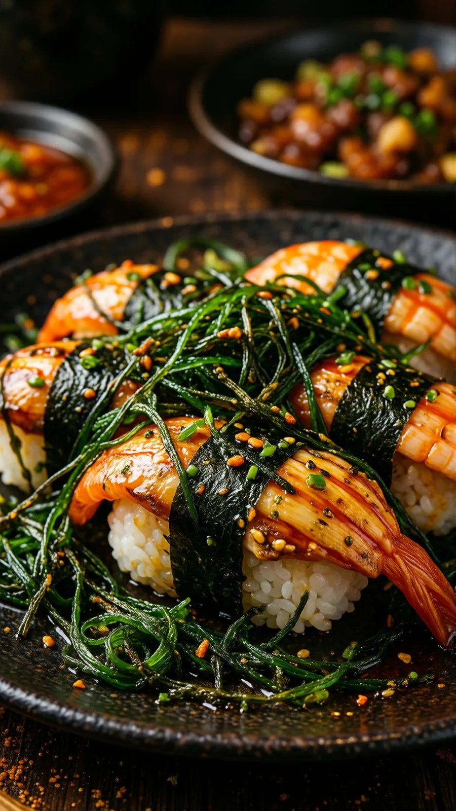 Assiette de sushis en gros plan, algues et nori, sur une céramique sombre