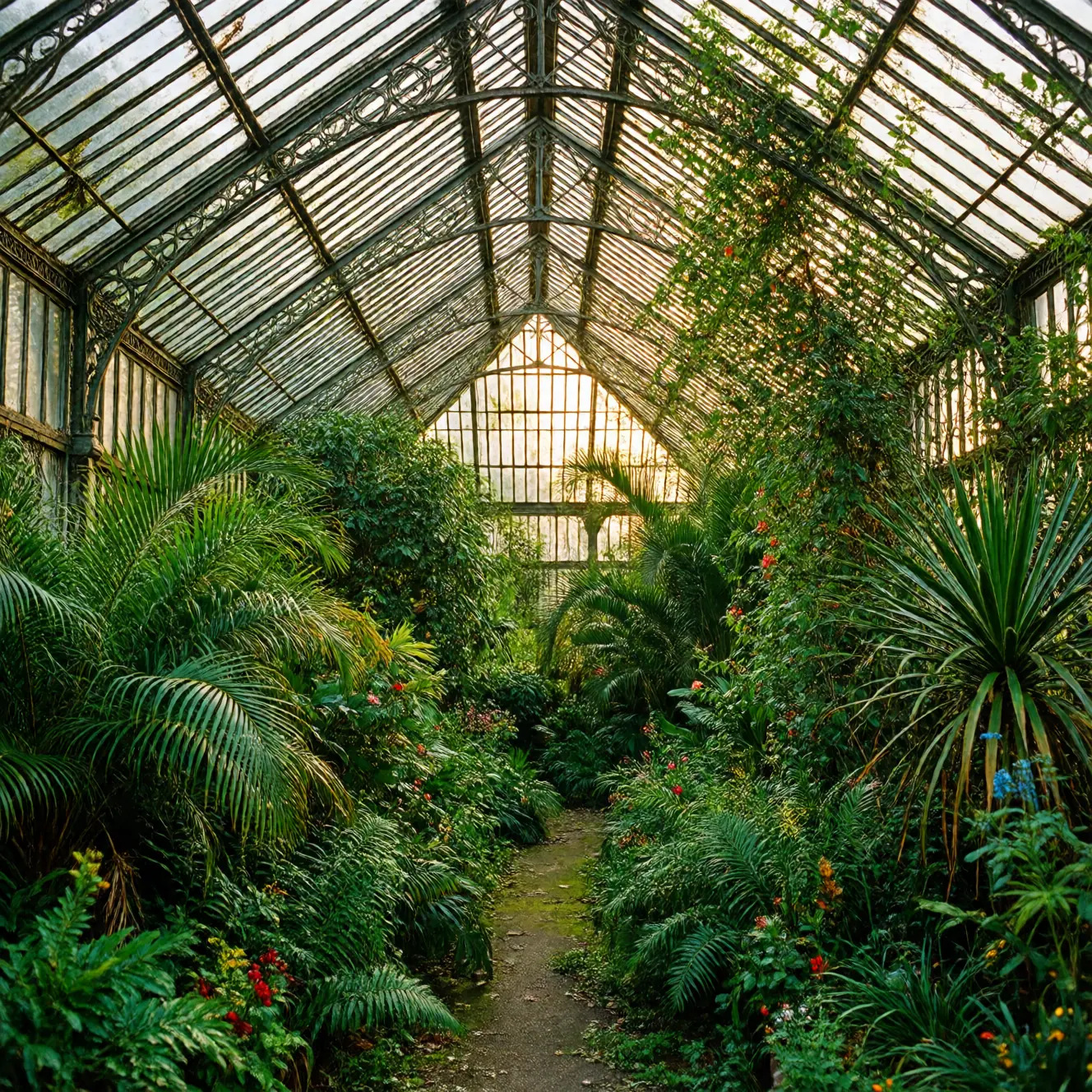 Intérieur d'une serre victorienne envahie de végétation